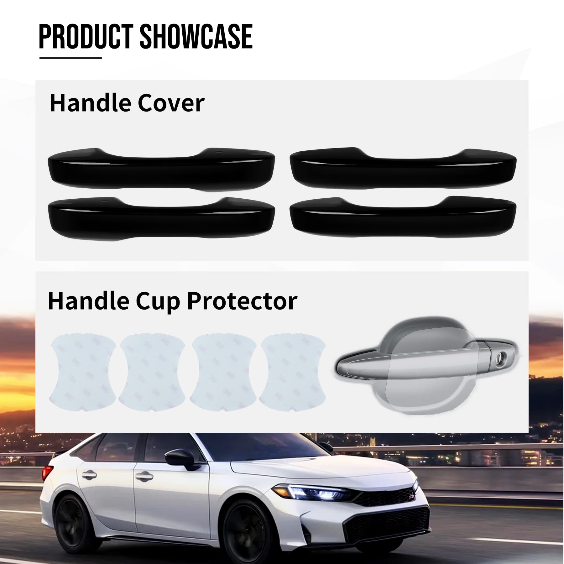 Reltvo rear door handle cover for Civic, glossy black finish protects from scratches