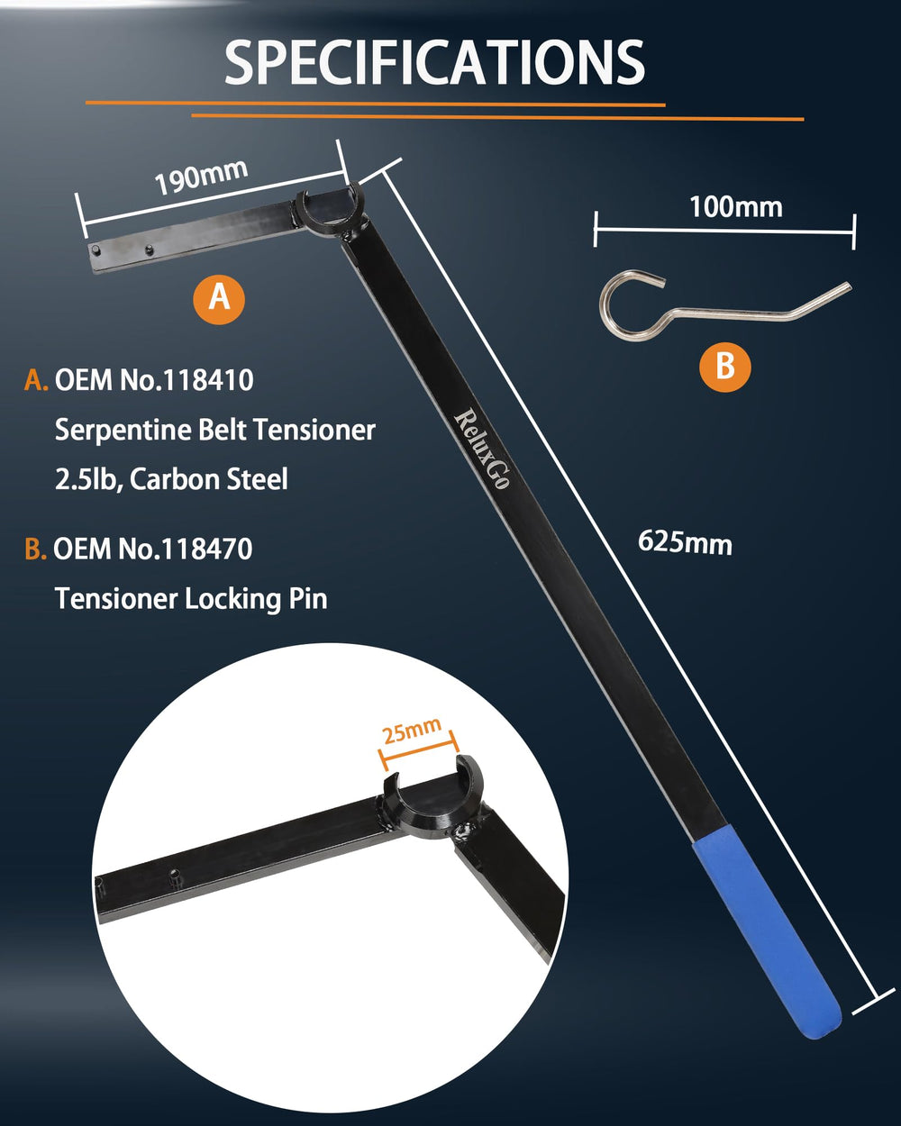ReluxGo 625 mm leverage handle aids strong grip during tensioner operation.