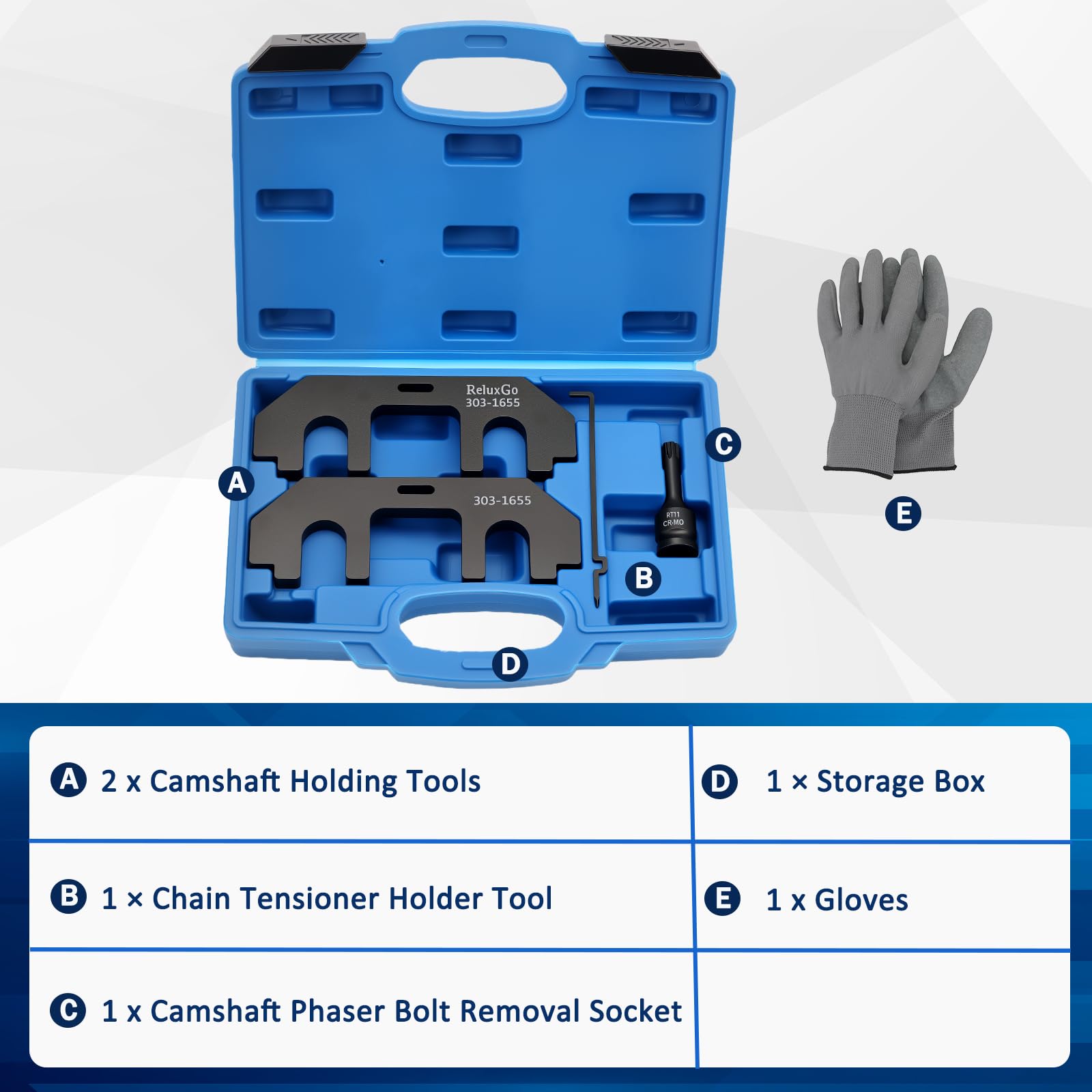 ReluxGo camshaft holding tools set ready for precise timing work.