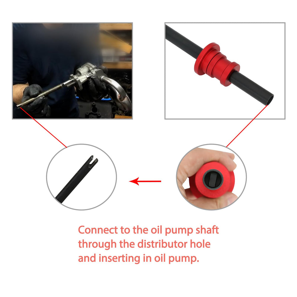 ReluxGo oil pump primer tool in distributor hole demonstrates easy drill-powered priming.