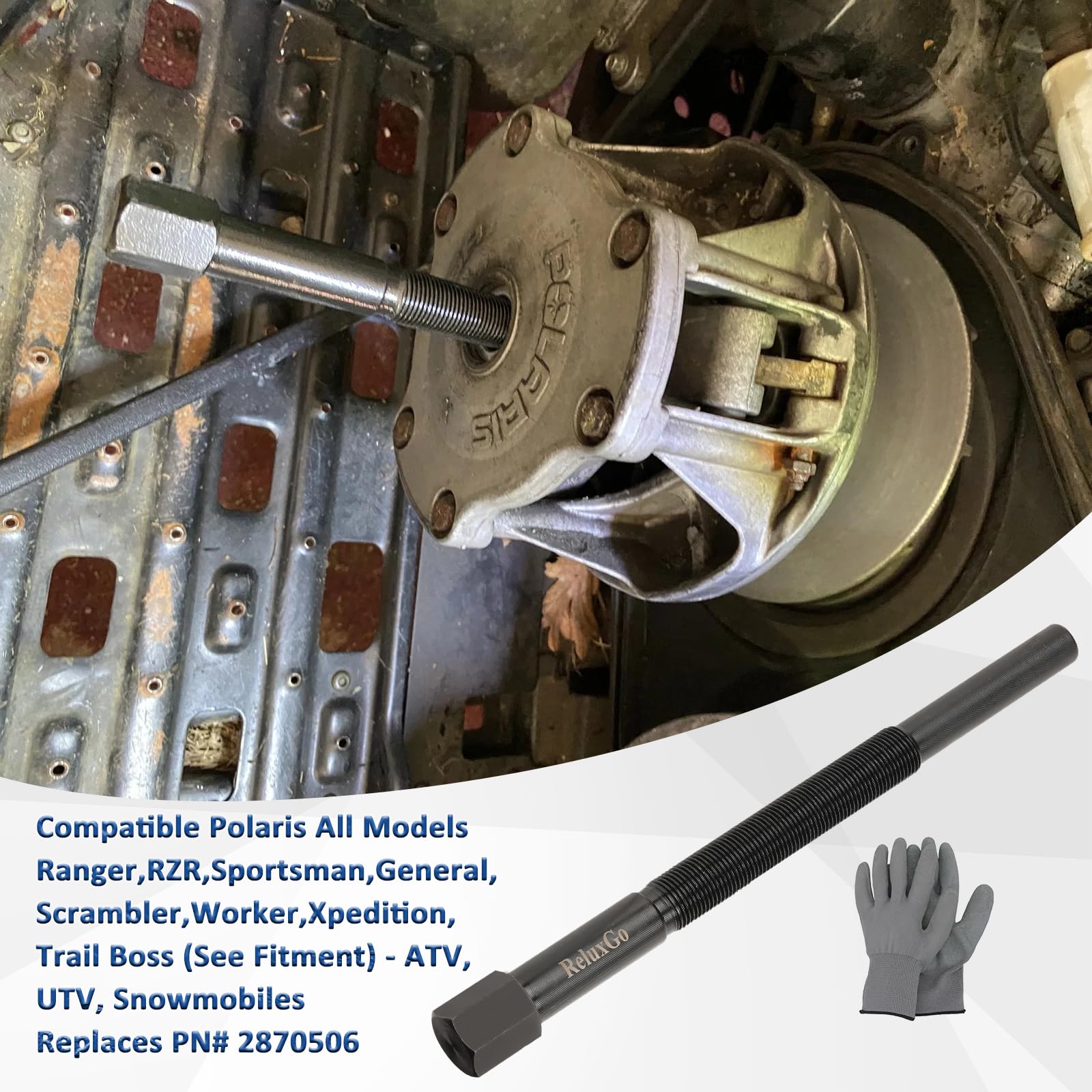 ReluxGo tool in use on a Polaris ATV, showing secure grip and leverage.