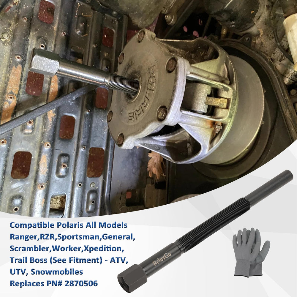 ReluxGo tool in use on a Polaris ATV, showing secure grip and leverage.