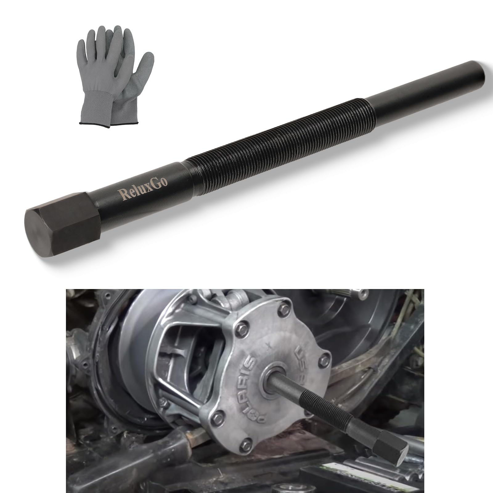 ReluxGo clutch puller tool, front view, precise OEM-size fit for Polaris clutches.