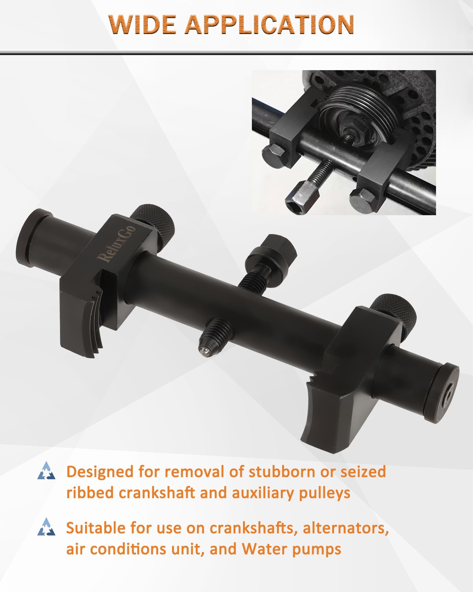 ReluxGo ribbed drive pulley remover enabling safe extraction of stubborn pulleys