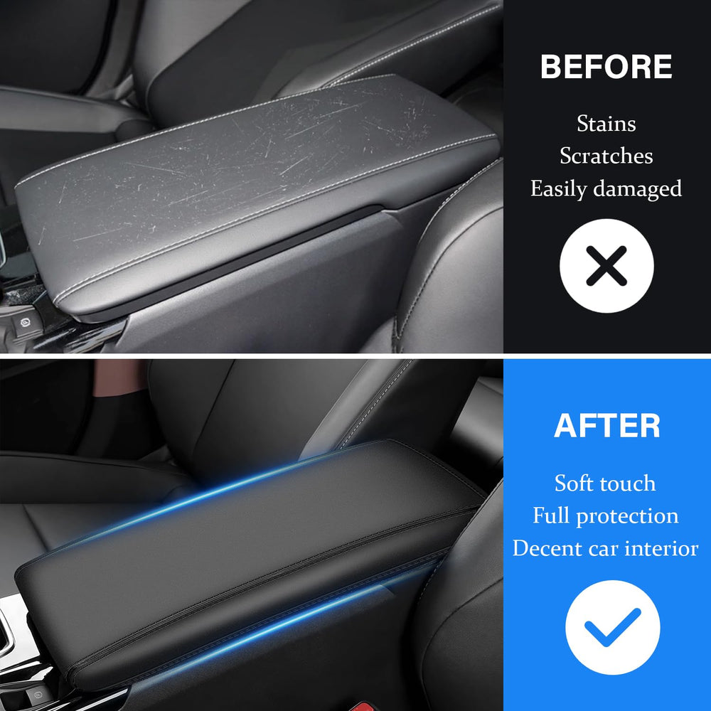 Close-up of REMOCH Camry armrest stitching showing durable, refined black microfiber leather.