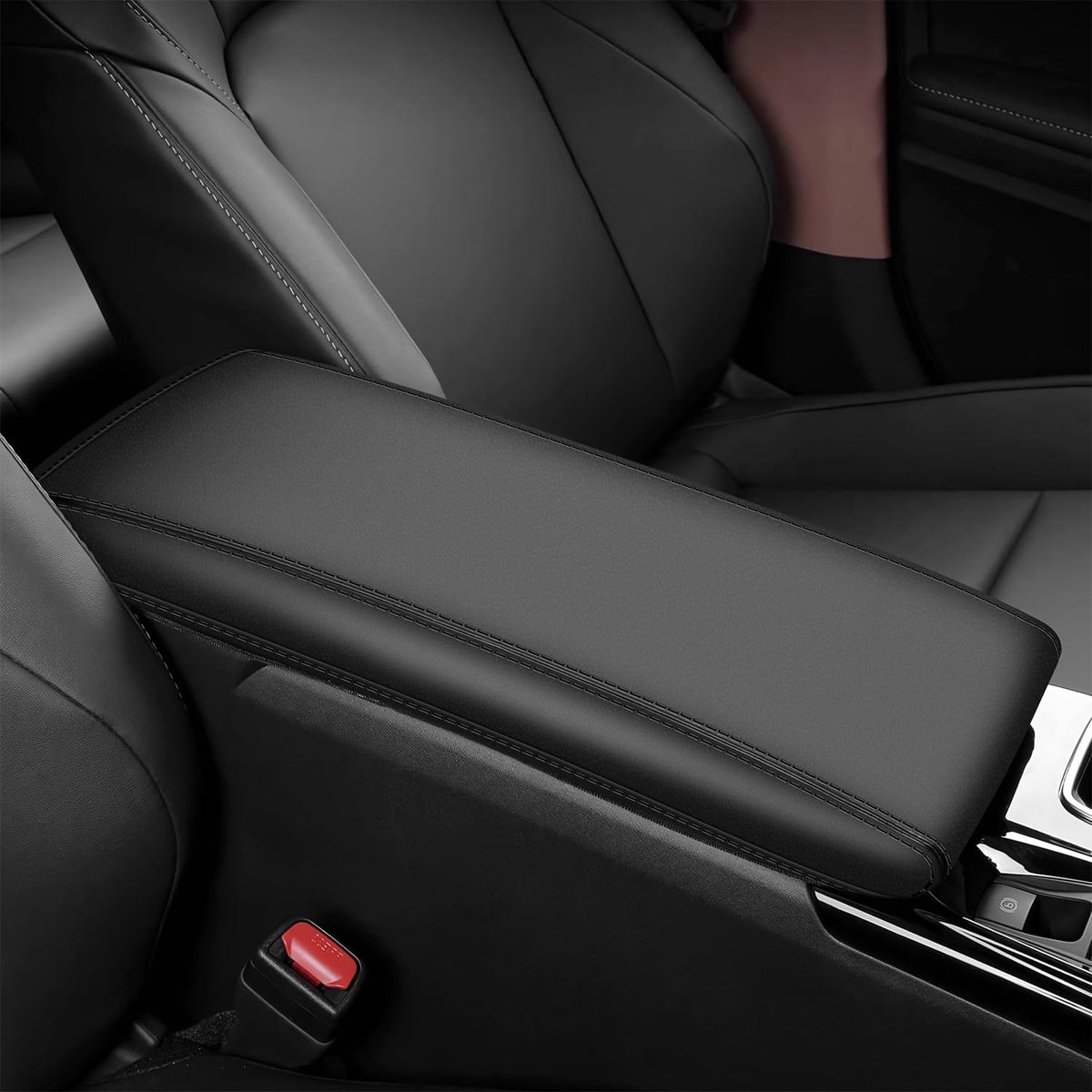 REMOCH center console armrest cover on Toyota Camry; sleek black finish enhances interior protection.
