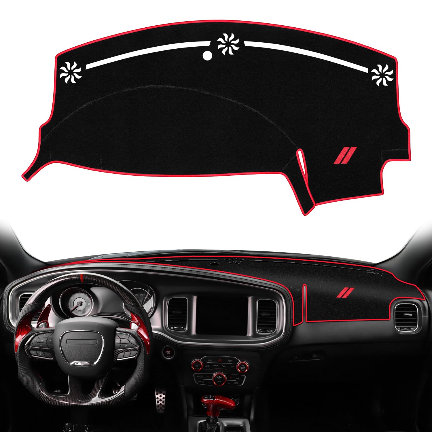 REMOCH dash cover with red double-stripe embroidery enhances interior style and protection