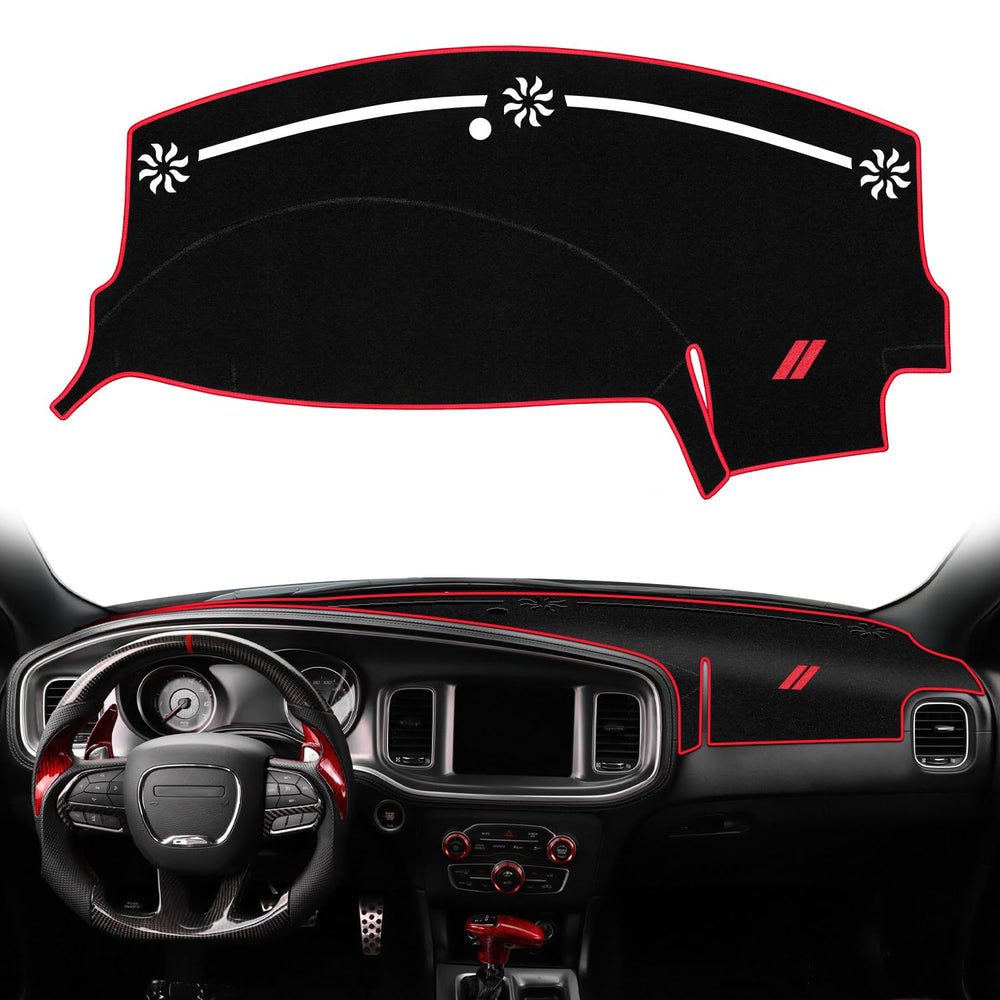 REMOCH dash cover with red double-stripe embroidery enhances interior style and protection