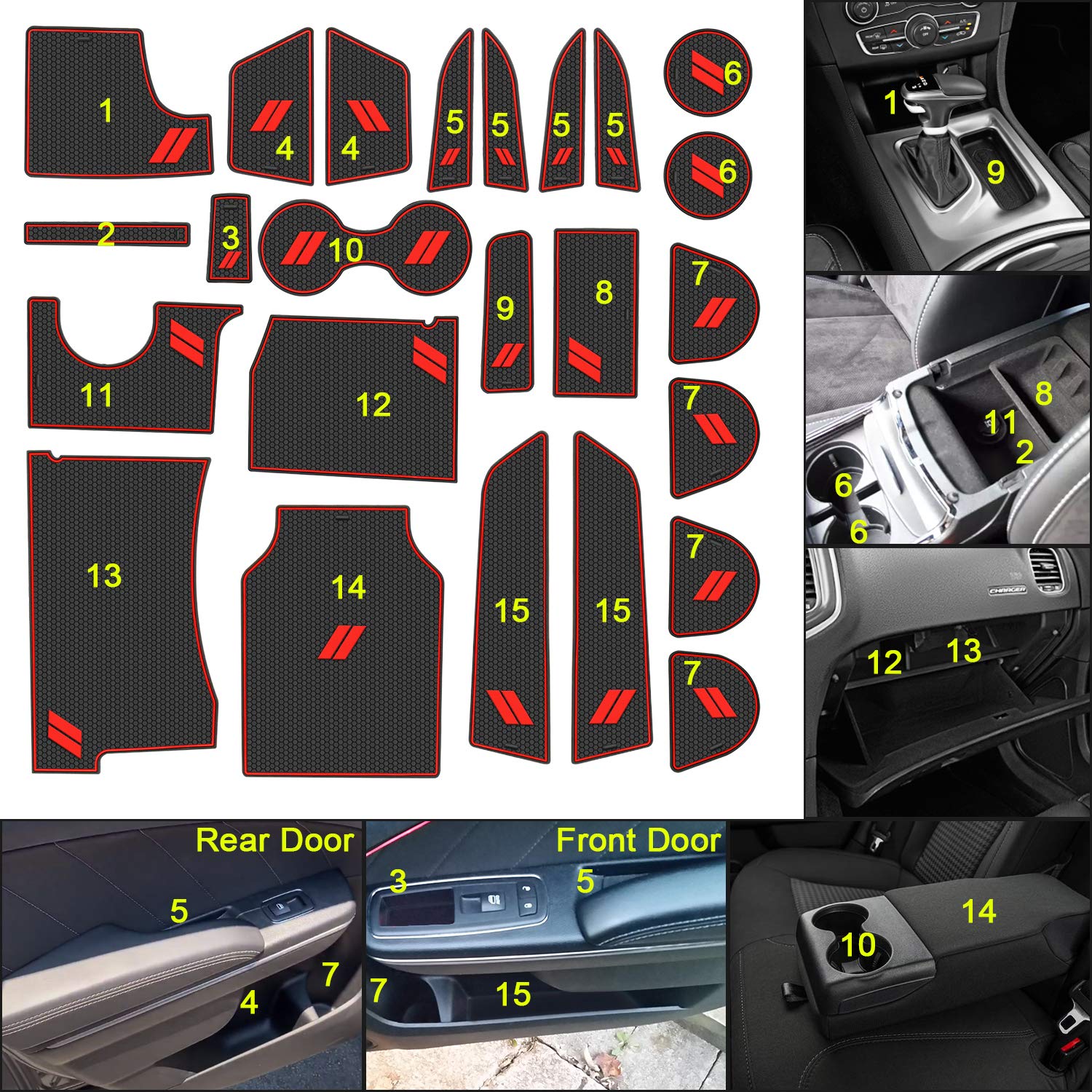 REMOCH red dash-area mats improve grip and reduce rattling inside the Charger