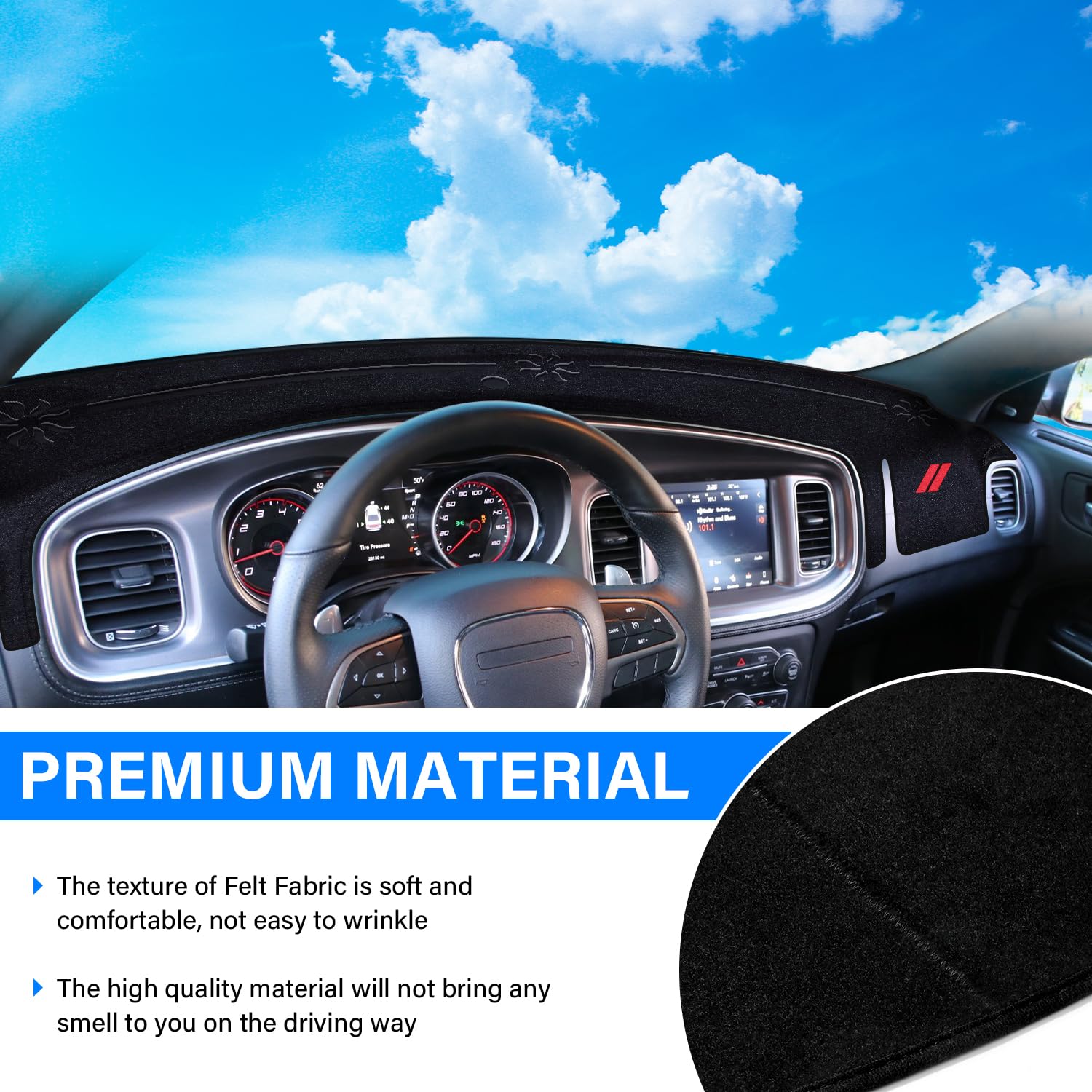 REMOCH embroidered dash cover on a Dodge Charger interior for refined styling.