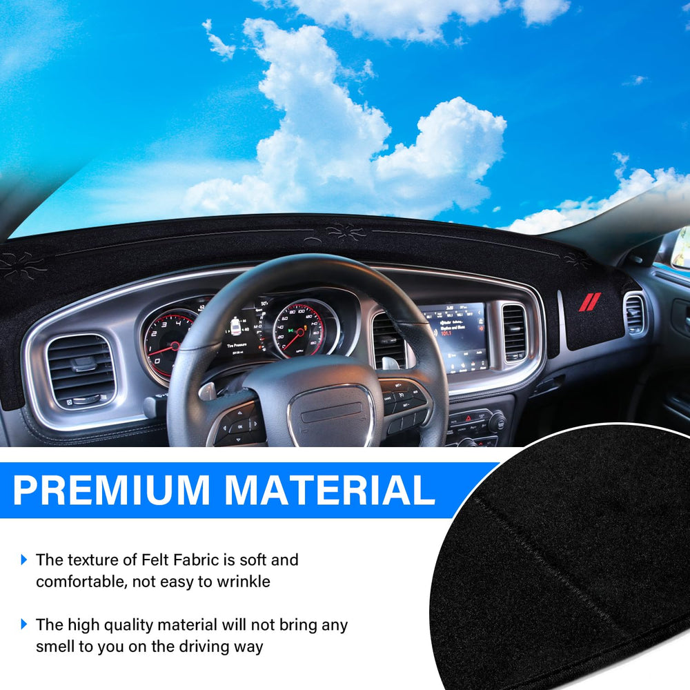 REMOCH embroidered dash cover on a Dodge Charger interior for refined styling.
