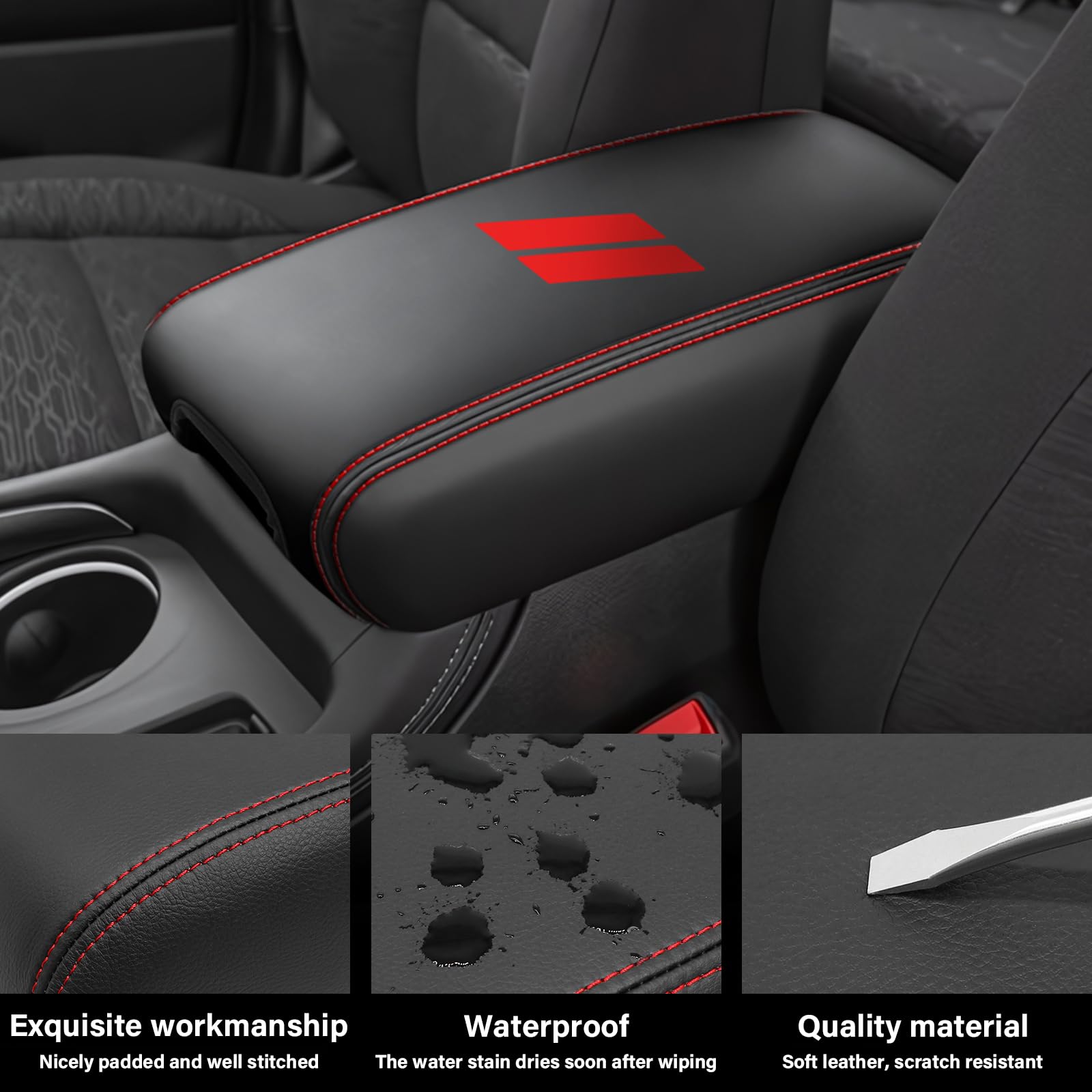 REMOCH armrest cover installs from the back seat and doesn't hinder lid operation.