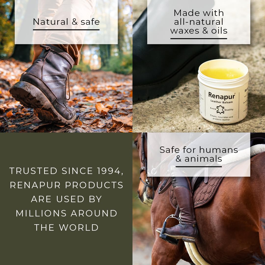 Renapur Leather Balsam applied to leather provides even, color-neutral conditioning.