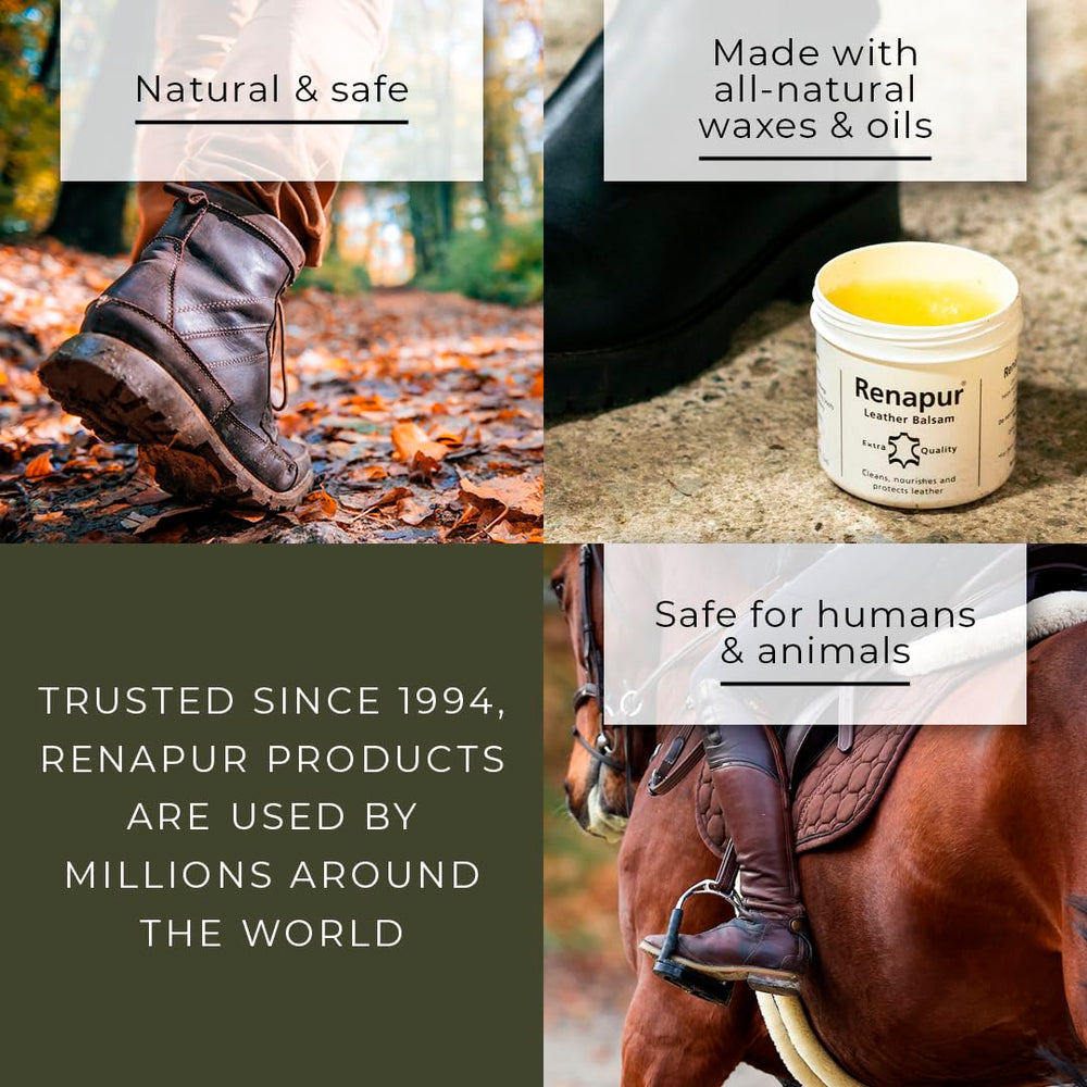 Renapur Leather Balsam applied to leather provides even, color-neutral conditioning.