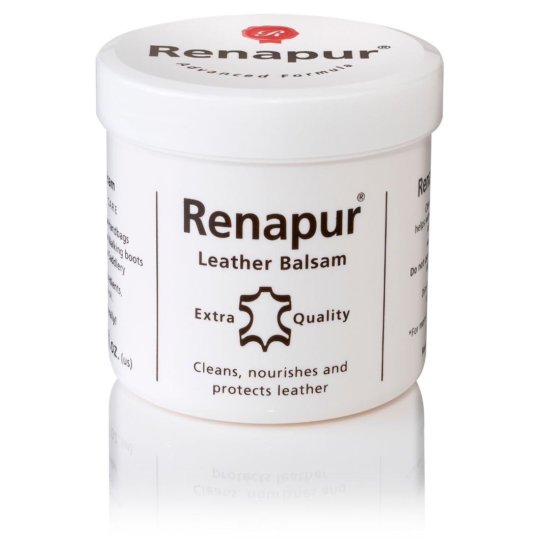 Renapur Leather Balsam bottle demonstrates natural conditioning for durable leather care.
