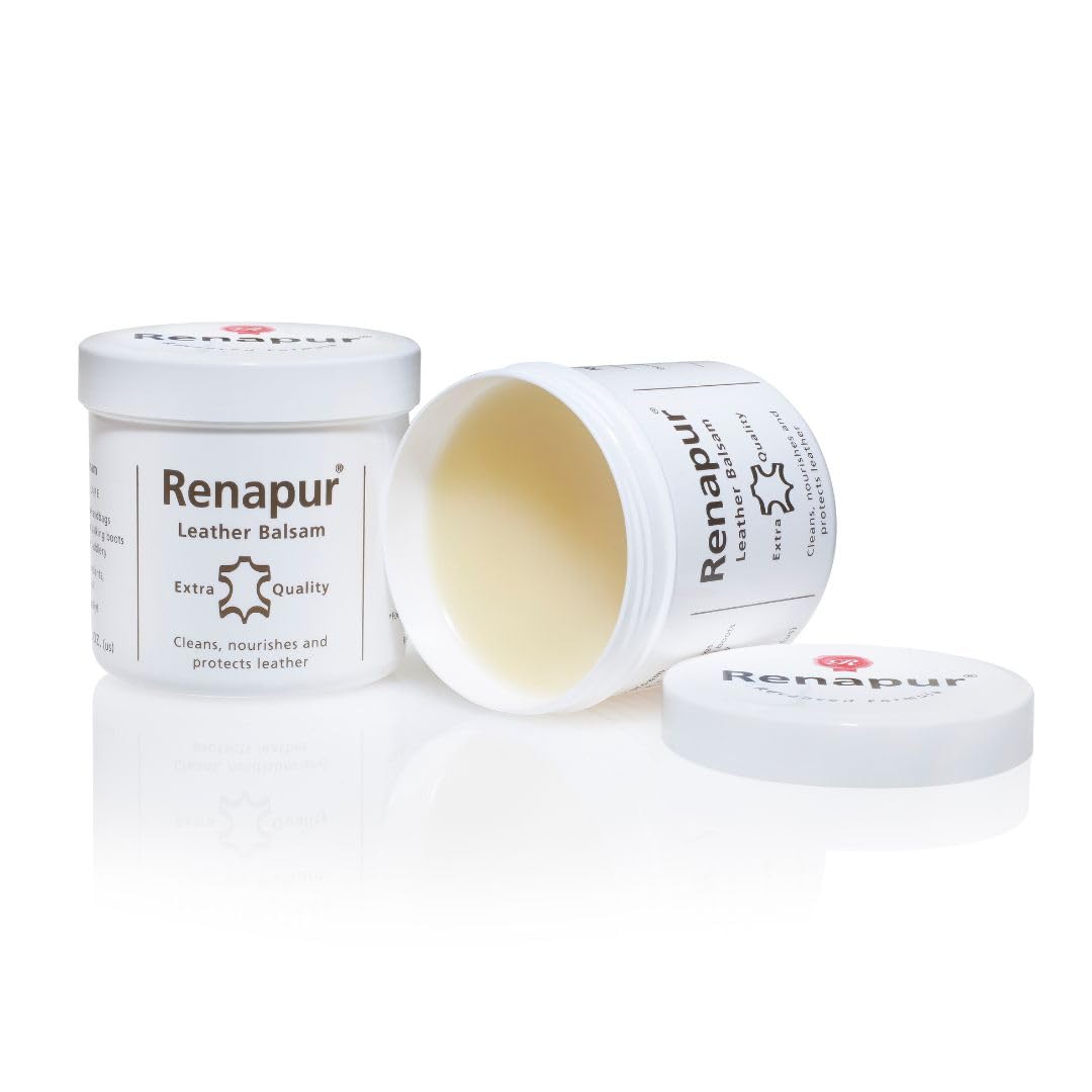Renapur Leather Balsam packaging highlights long shelf life and value.