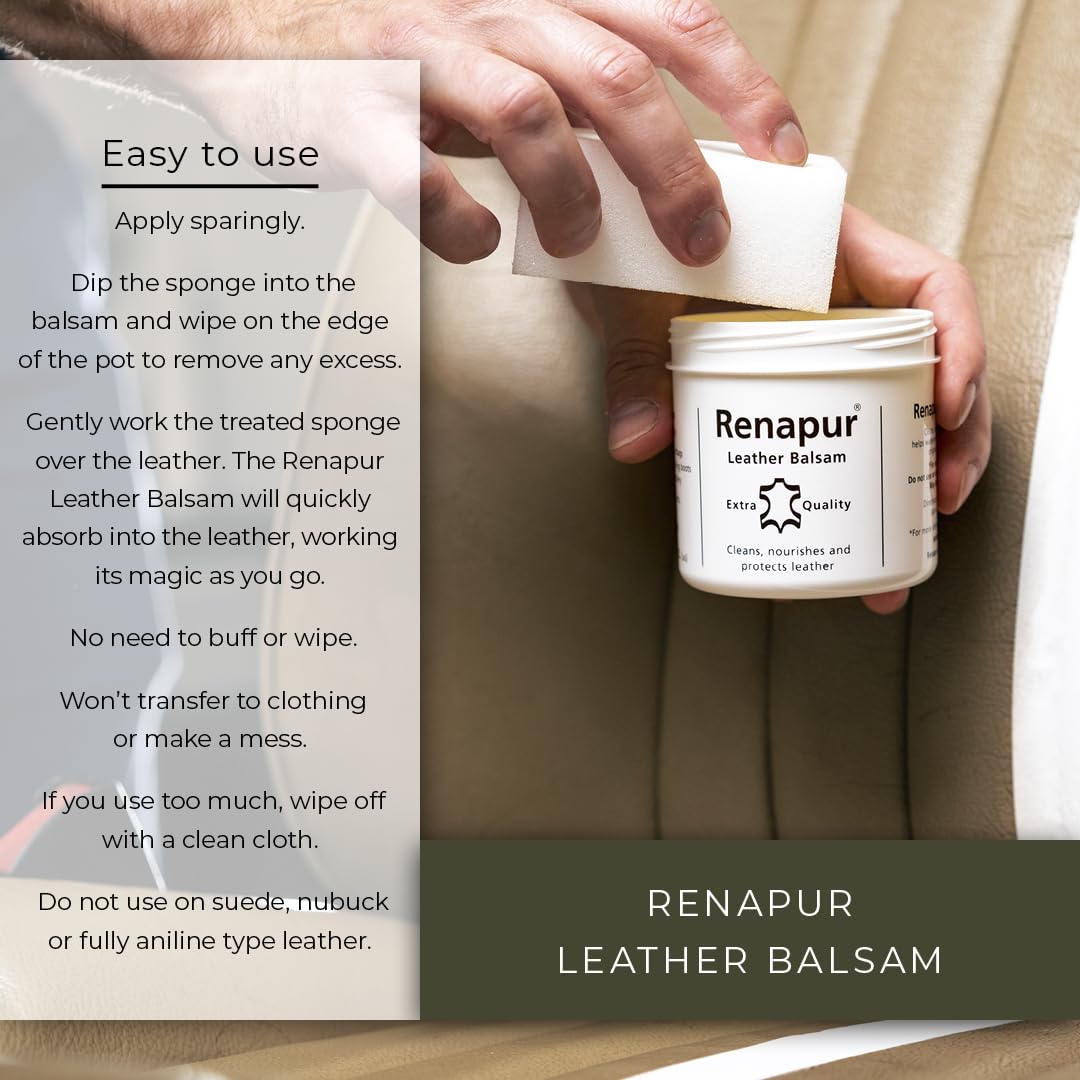 Renapur Leather Balsam restores leather’s suppleness and natural sheen on items.
