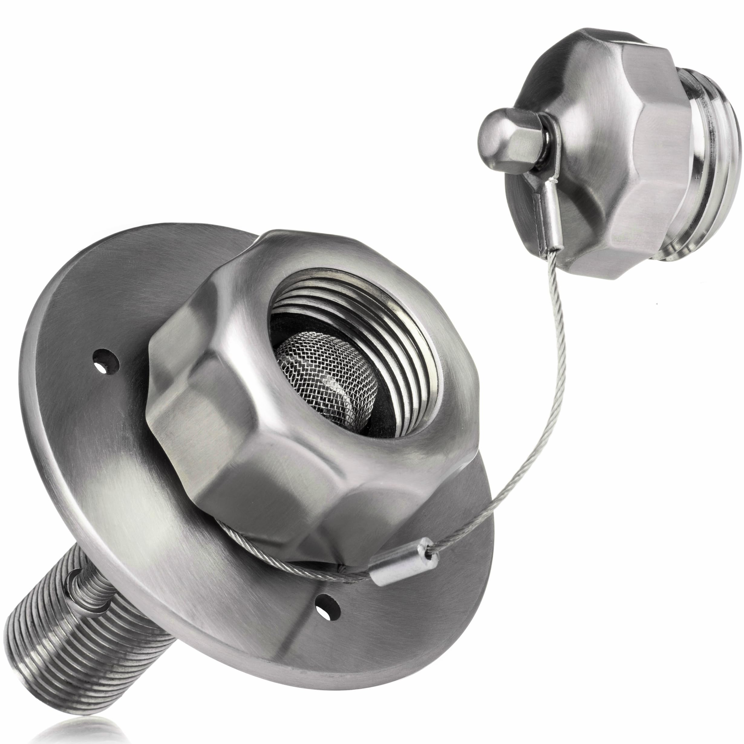 Renator all-metal RV city water inlet in brushed stainless showcasing durable seal.