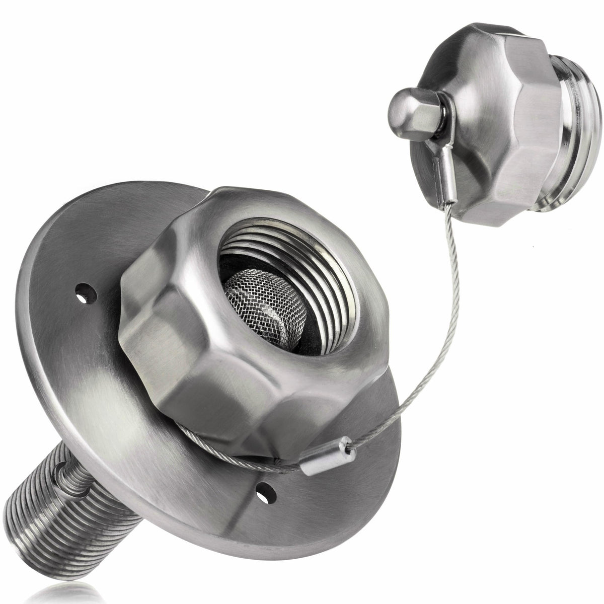 Renator all-metal RV city water inlet in brushed stainless showcasing durable seal.