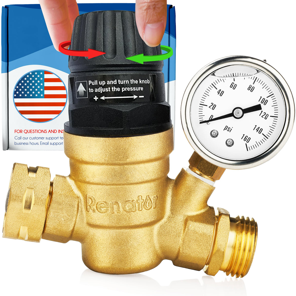 Renator RV regulator with brass gauge for steady water flow and RV protection.