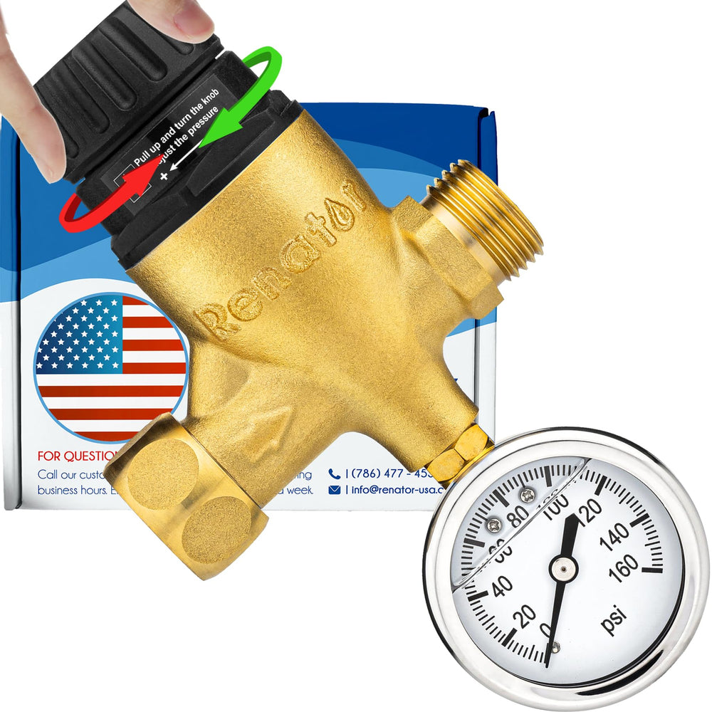 Renator RV water-pressure regulator gauge demonstrates adjustable pressure for stable showers.