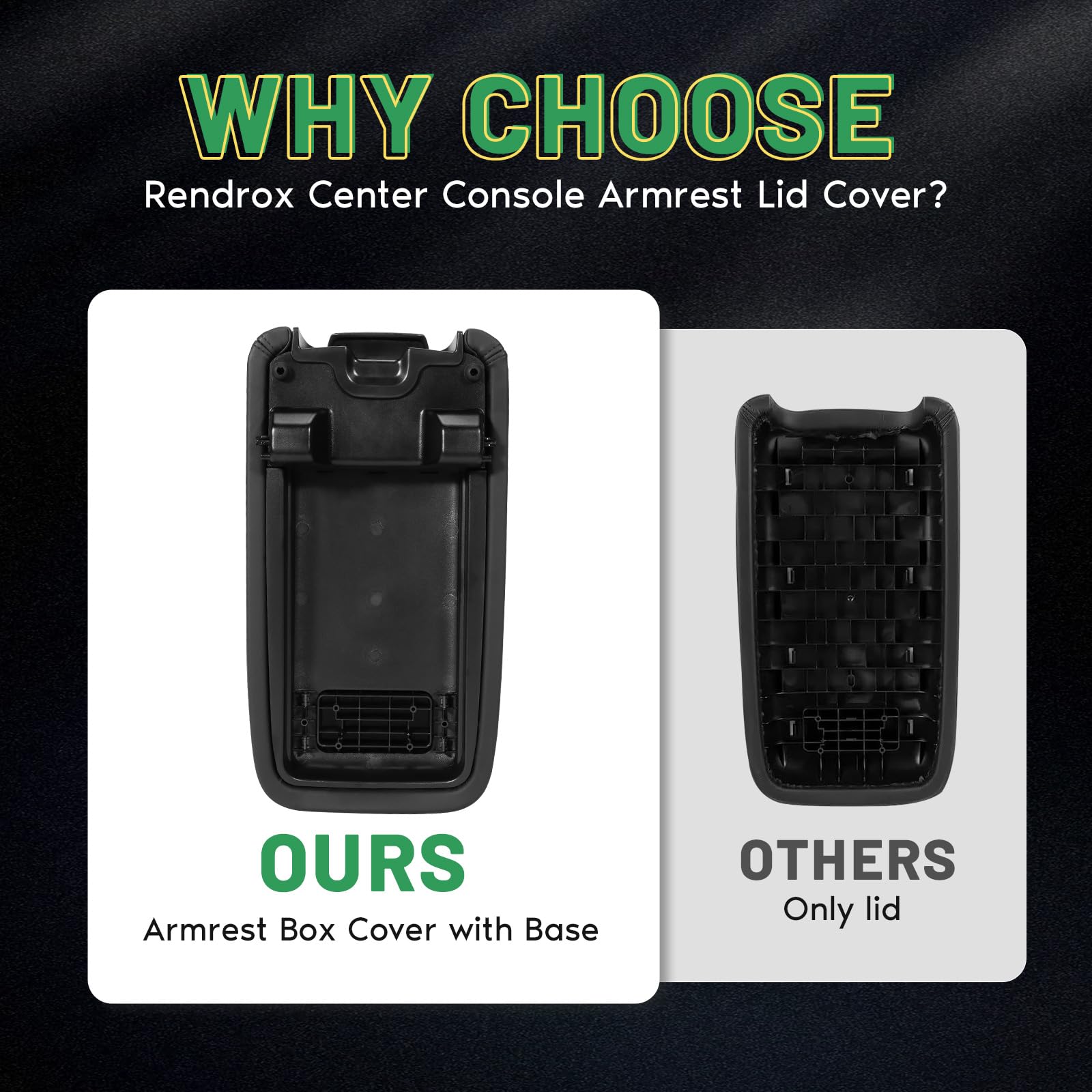 Rendrox black finish armrest lid cover preserves interior style and hides wear