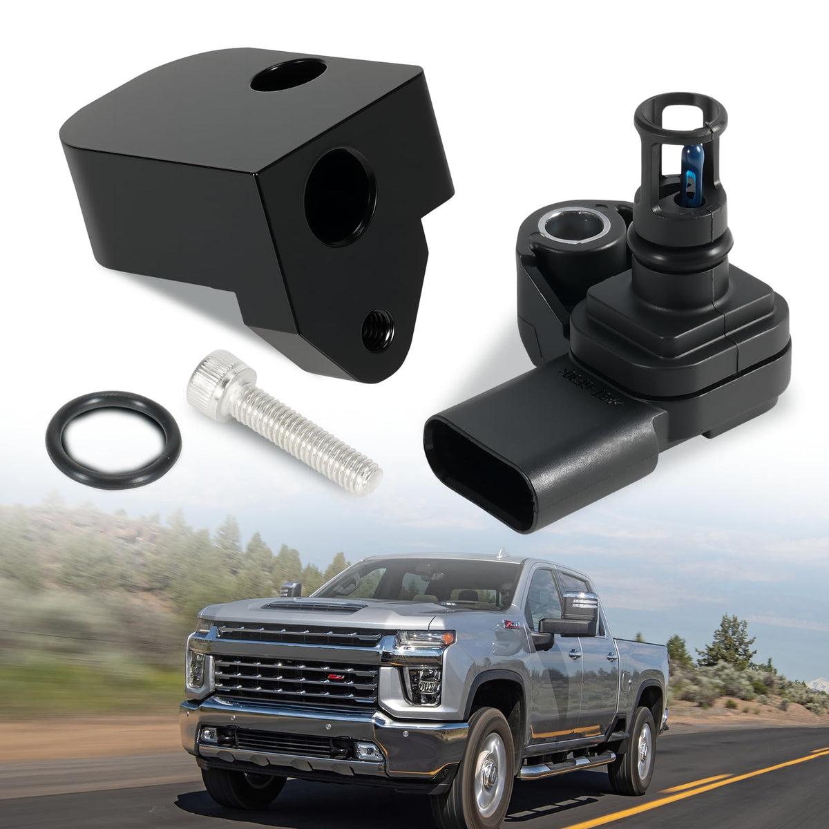 Rendrox MAP sensor spacer positioned for heat relief in a Duramax engine.