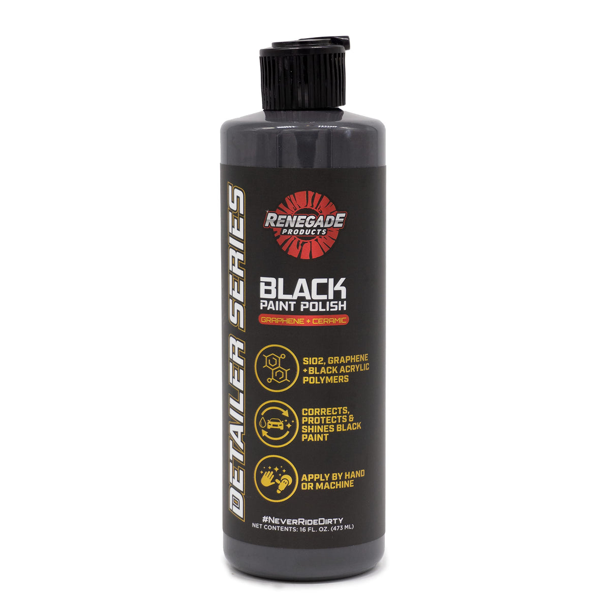 Renegade Graphene Ceramic Black Paint Polish bottle delivers a rich glossy black finish.