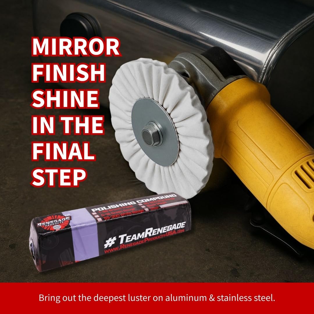 Renegade premium polishing bar for stainless steel creates a bright, mirror-like sheen.