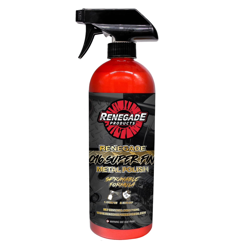 Renegade Q16 spray polish bottle ready for even coverage on metal surfaces.