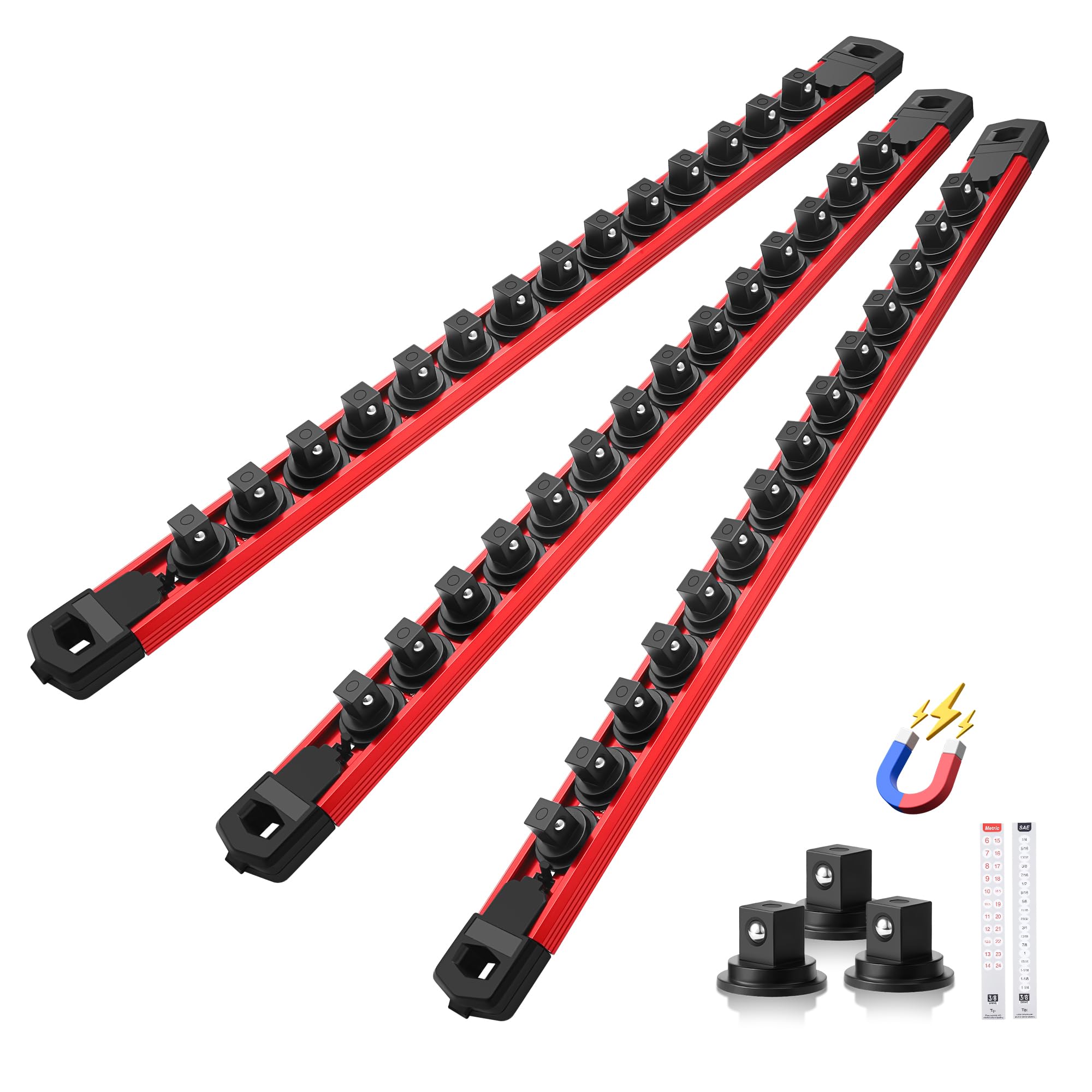 Reniteco magnetic socket organizer rail keeps 3/8-inch sockets organized and accessible.