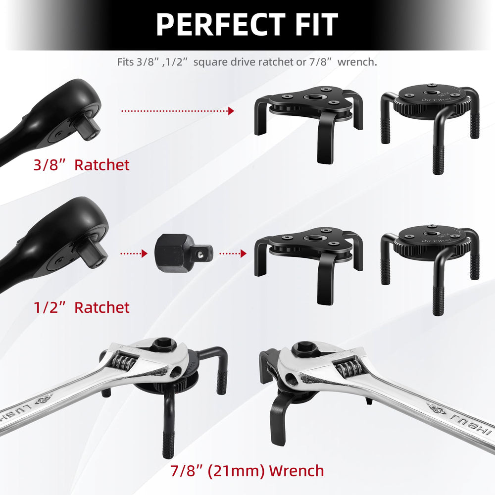 Reniteco oil filter wrench drive compatibility image shows 3/8 and 1/2 inch ratchets.