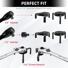 Reniteco oil filter wrench drive compatibility image shows 3/8 and 1/2 inch ratchets.