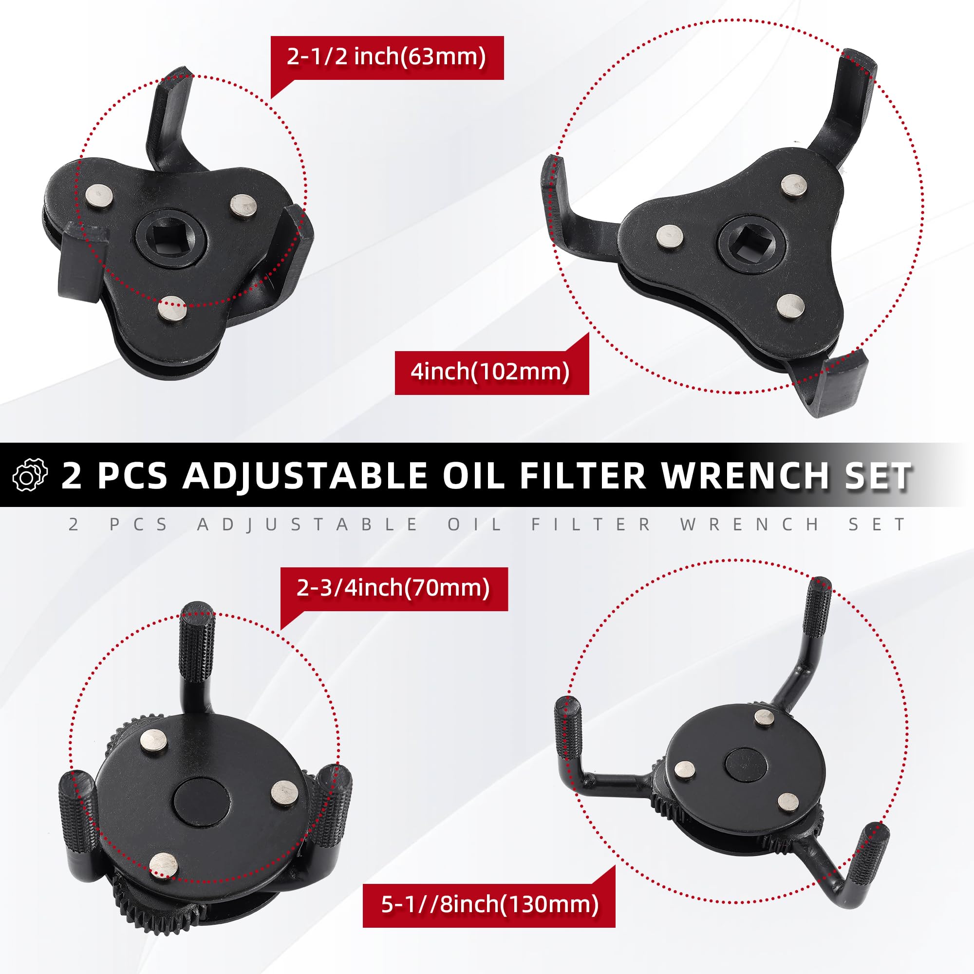 Reniteco oil filter wrench size range image highlights 2.5–4 inch compatibility.