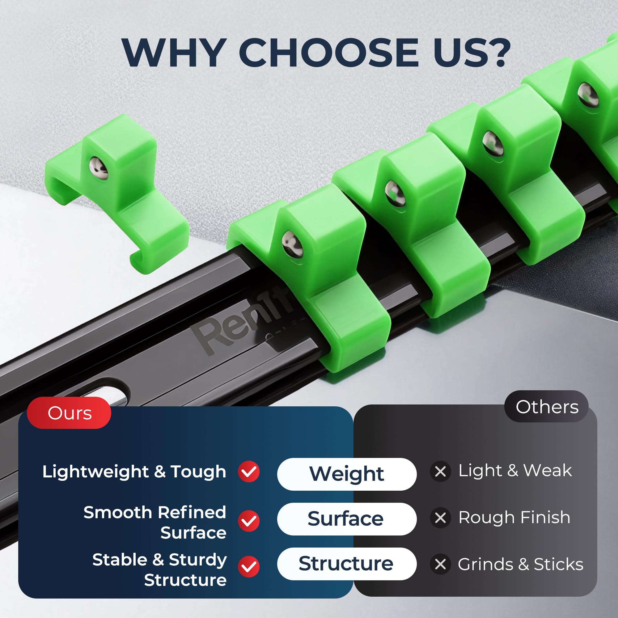 Reniteco removable end caps enable quick reconfiguration of the rail.