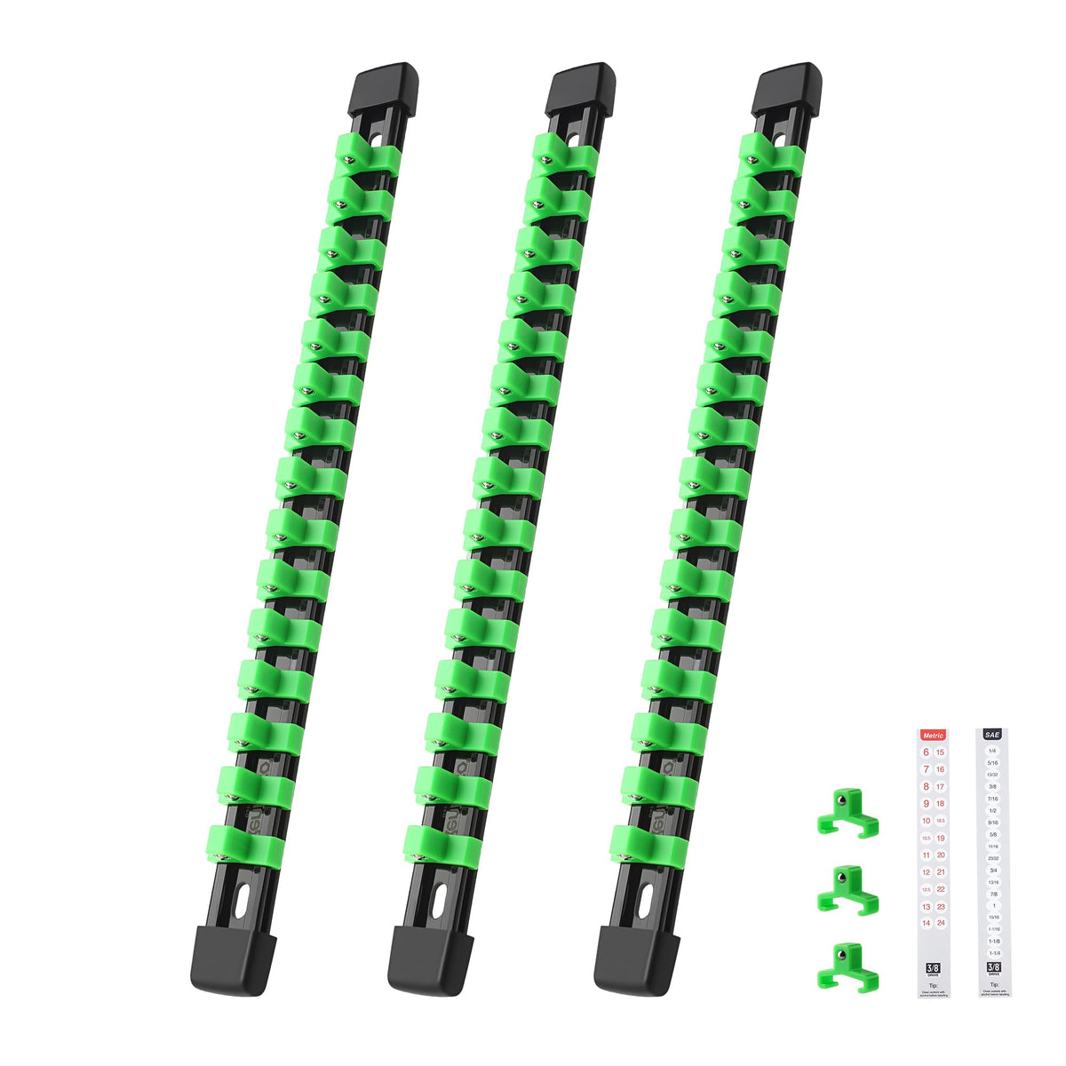 Reniteco socket organizer rail with three tracks for 1/4-inch sockets.