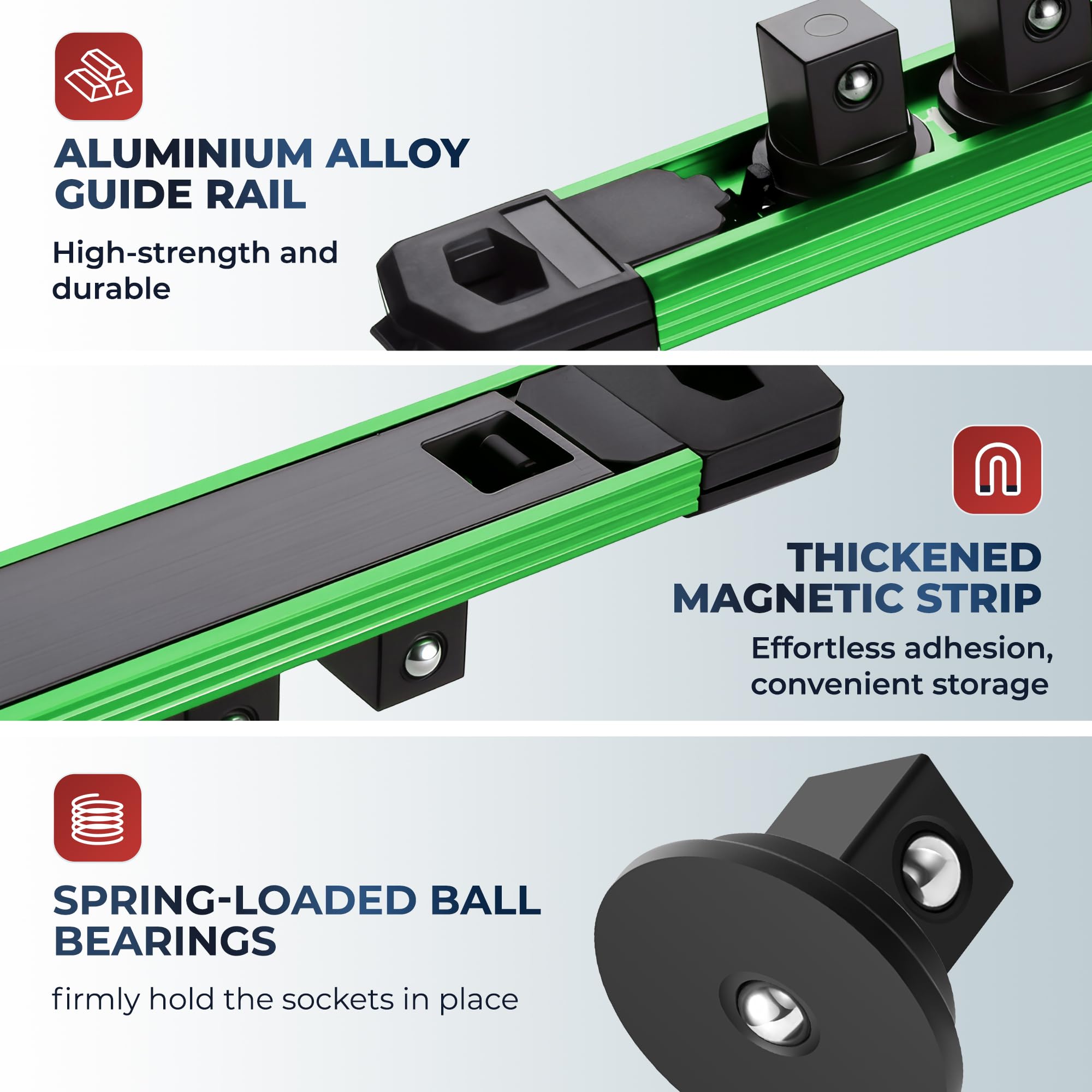 Reniteco spring-loaded clips snap sockets securely in place.