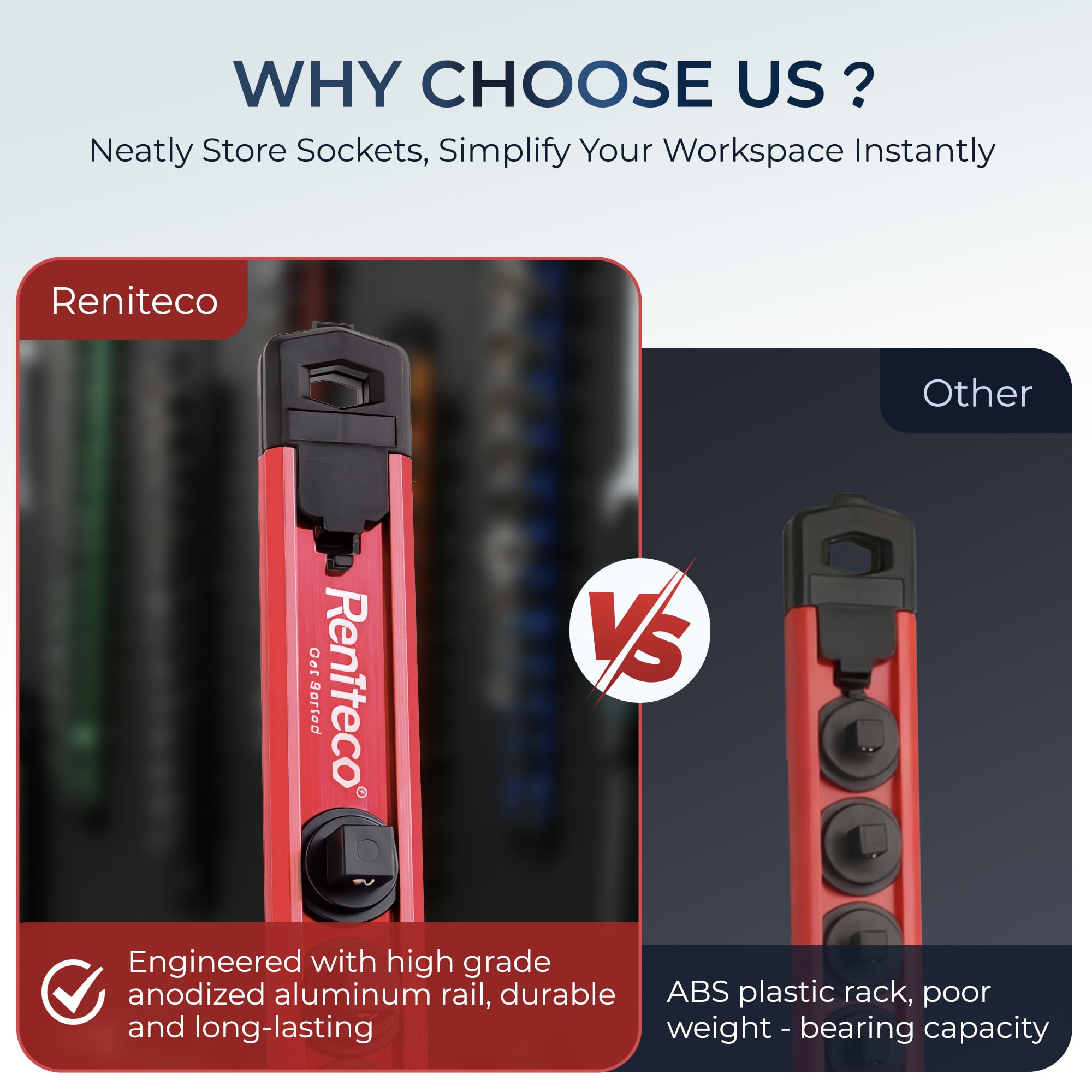 Reniteco workbench drawer setup showing easy access to sockets.