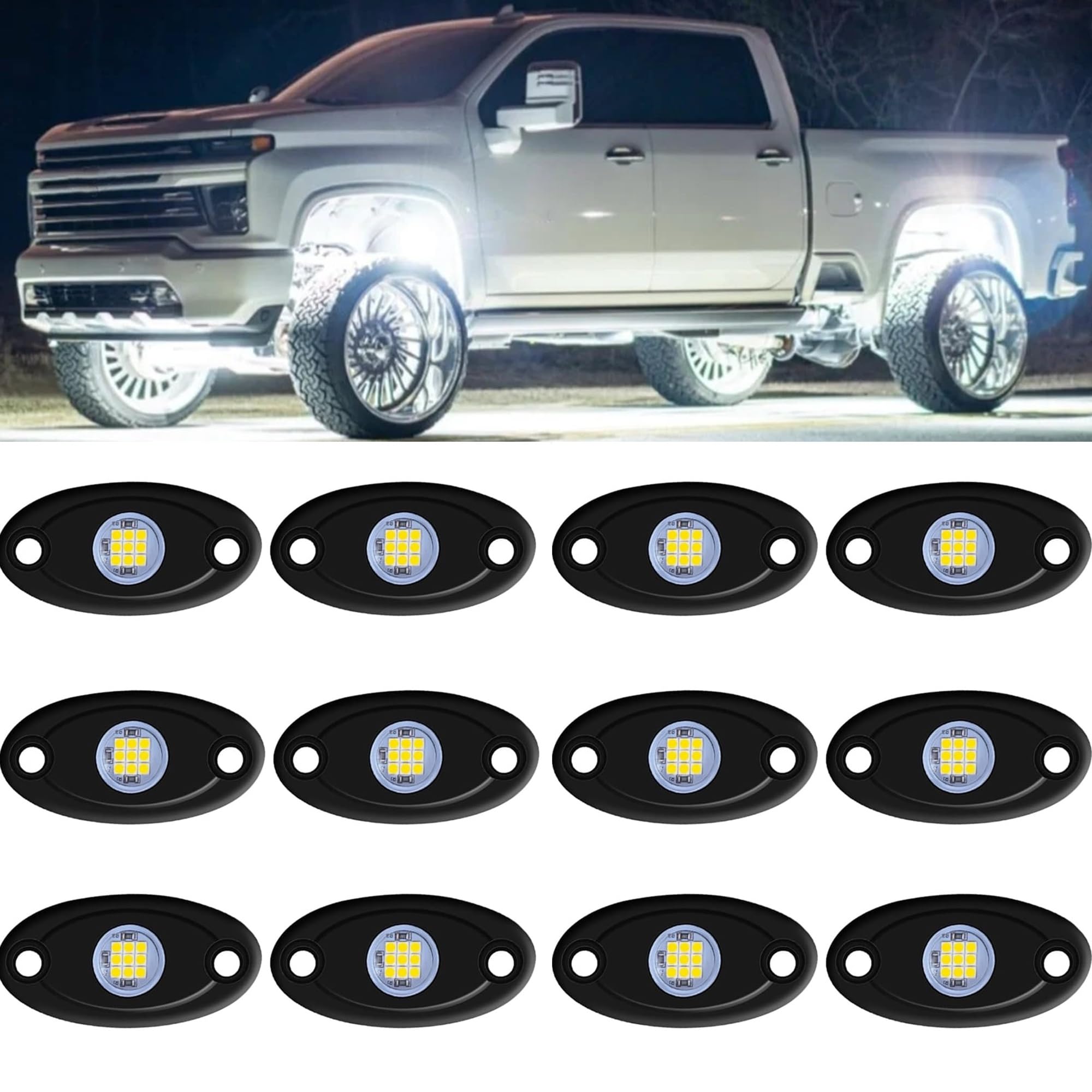 RENMAII-LIGHT White Rock Light 12 pods with rugged die-cast housing for off-road visibility.