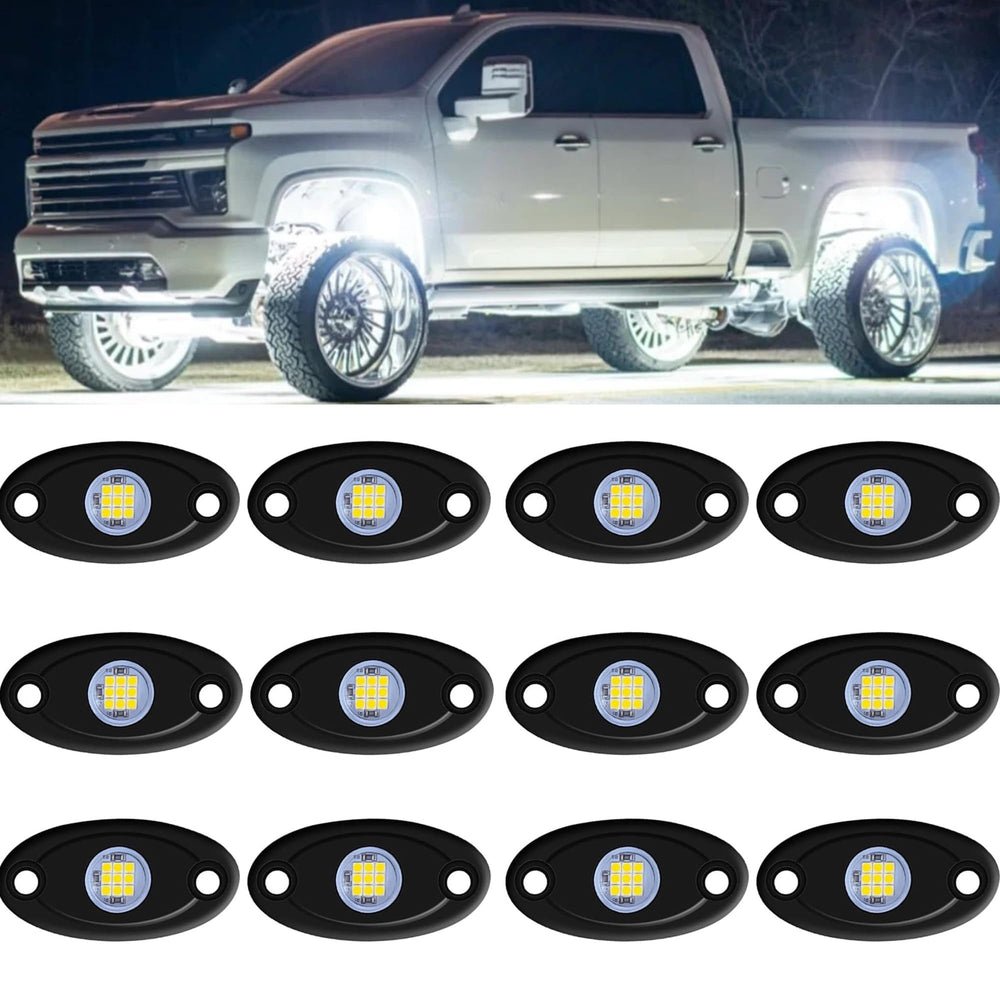 RENMAII-LIGHT White Rock Light 12 pods with rugged die-cast housing for off-road visibility.