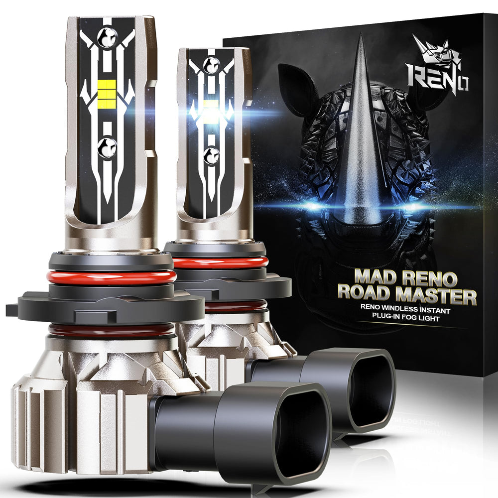 RENO 9005 fog light closeup with 6500K brightness for clearer fog visibility.