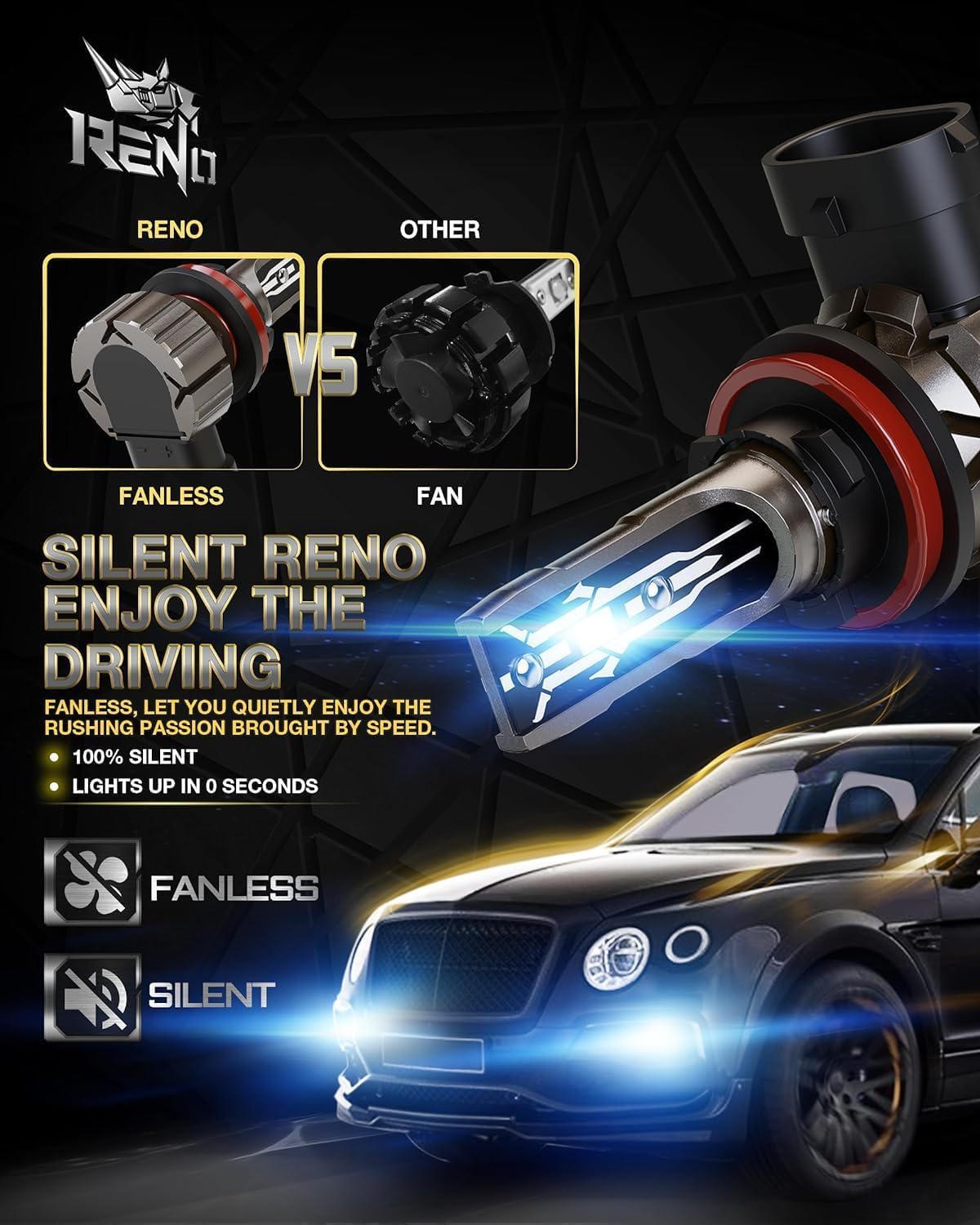 Reno 9005 H11 bulbs 6500K glow for crisp night visibility.