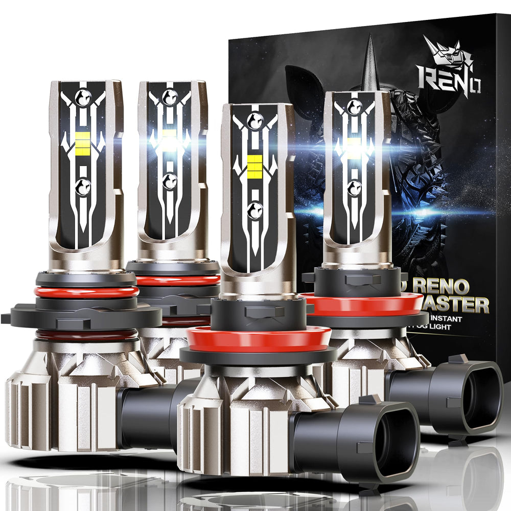 Reno 9005 H11 bulb pack front view shows compact fanless design and 6500K glow.