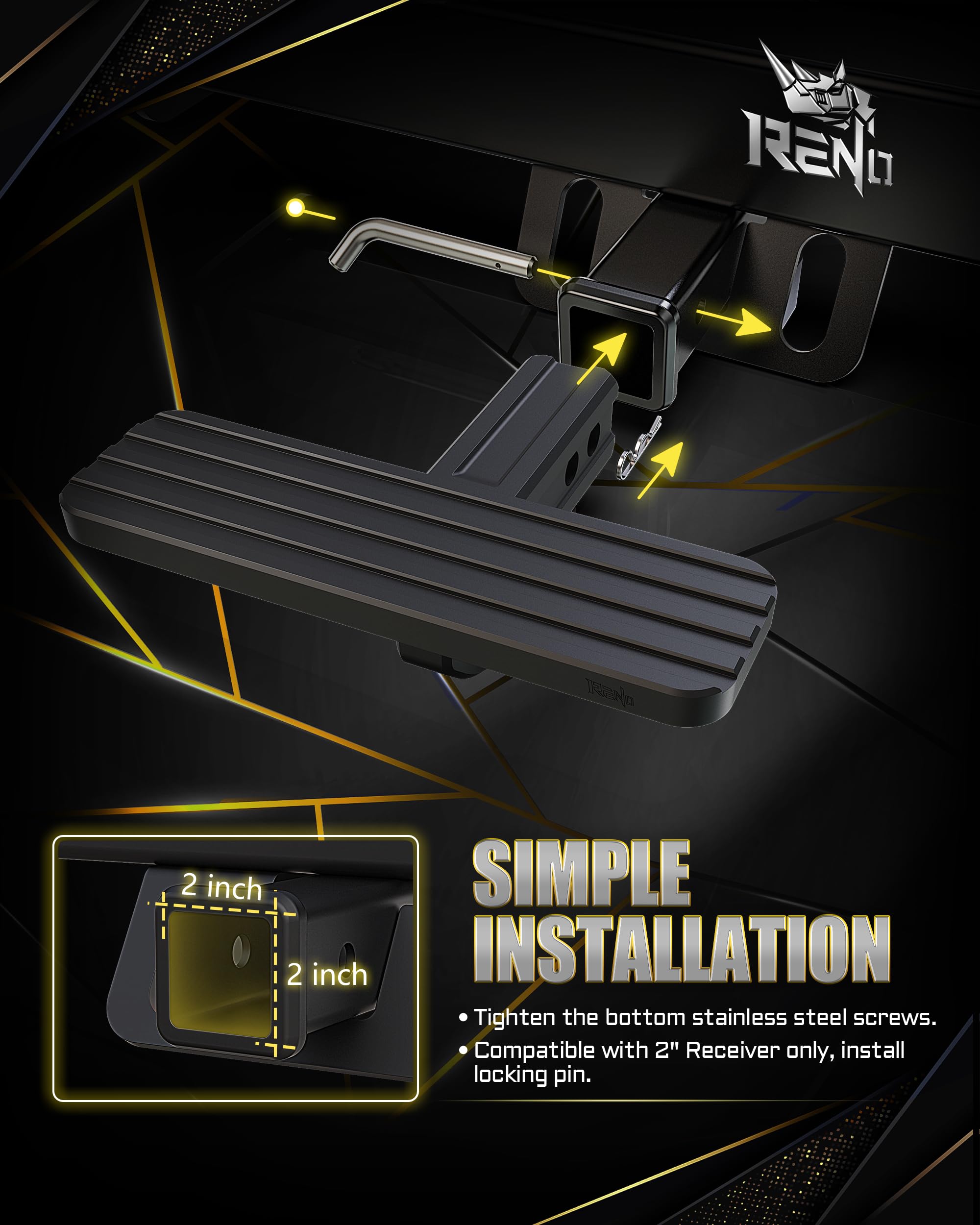 Reno bumper step shows D ring compatibility for soft shackles or straps.