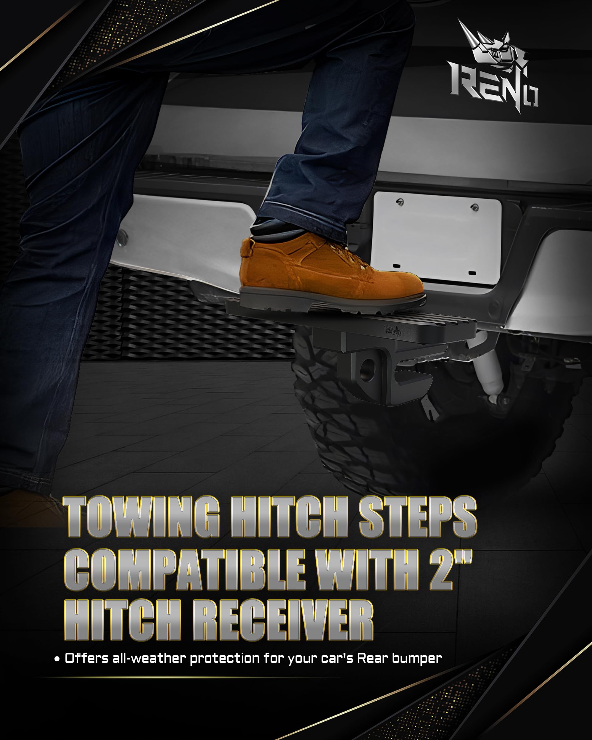 Reno bumper step with slider fits 2 inch hitch receivers securely.