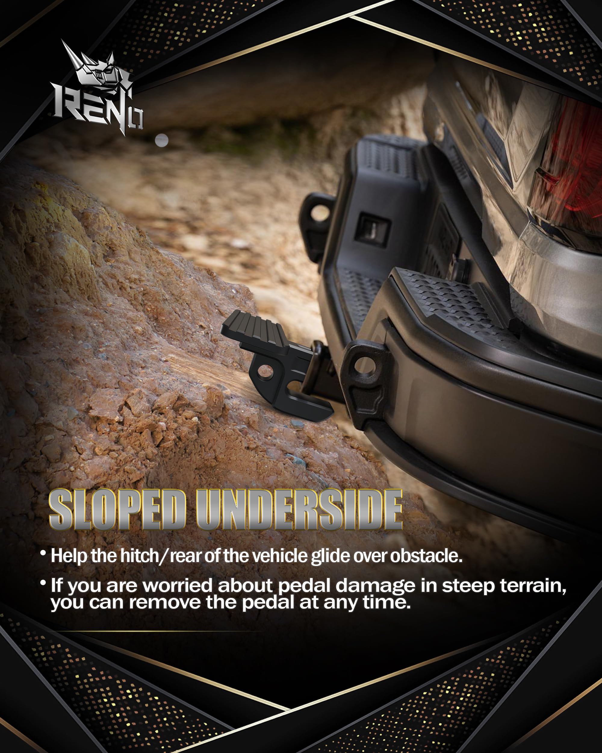 Reno bumper step with slider side view demonstrates stable stepping surface.