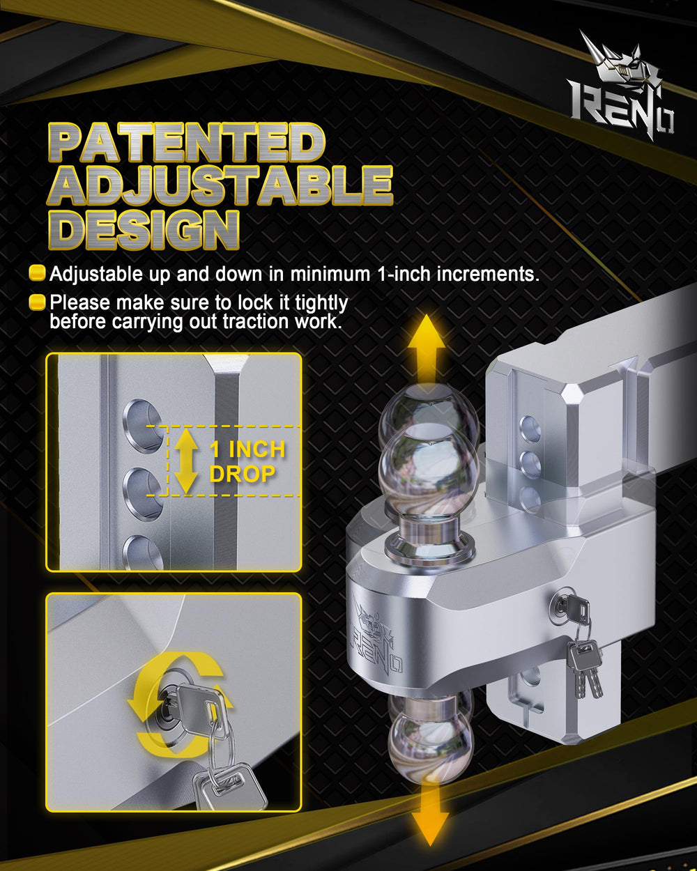 RENO chrome ball head supports heavy-duty towing in demanding conditions.