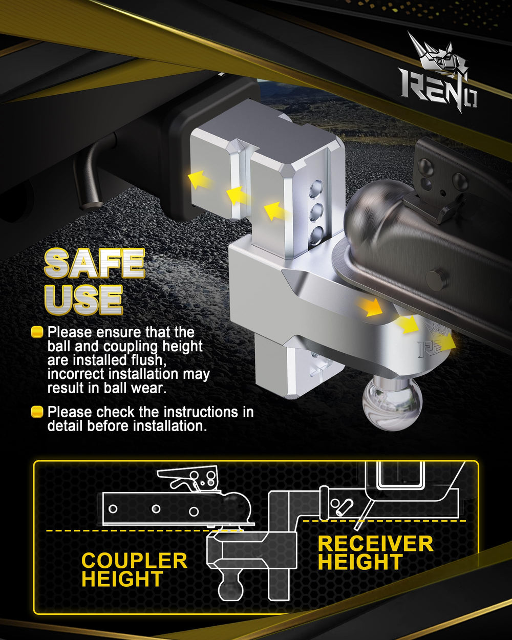 RENO dual ball mounts switch between 2-inch and 2-5/16-inch quickly for different trailers.