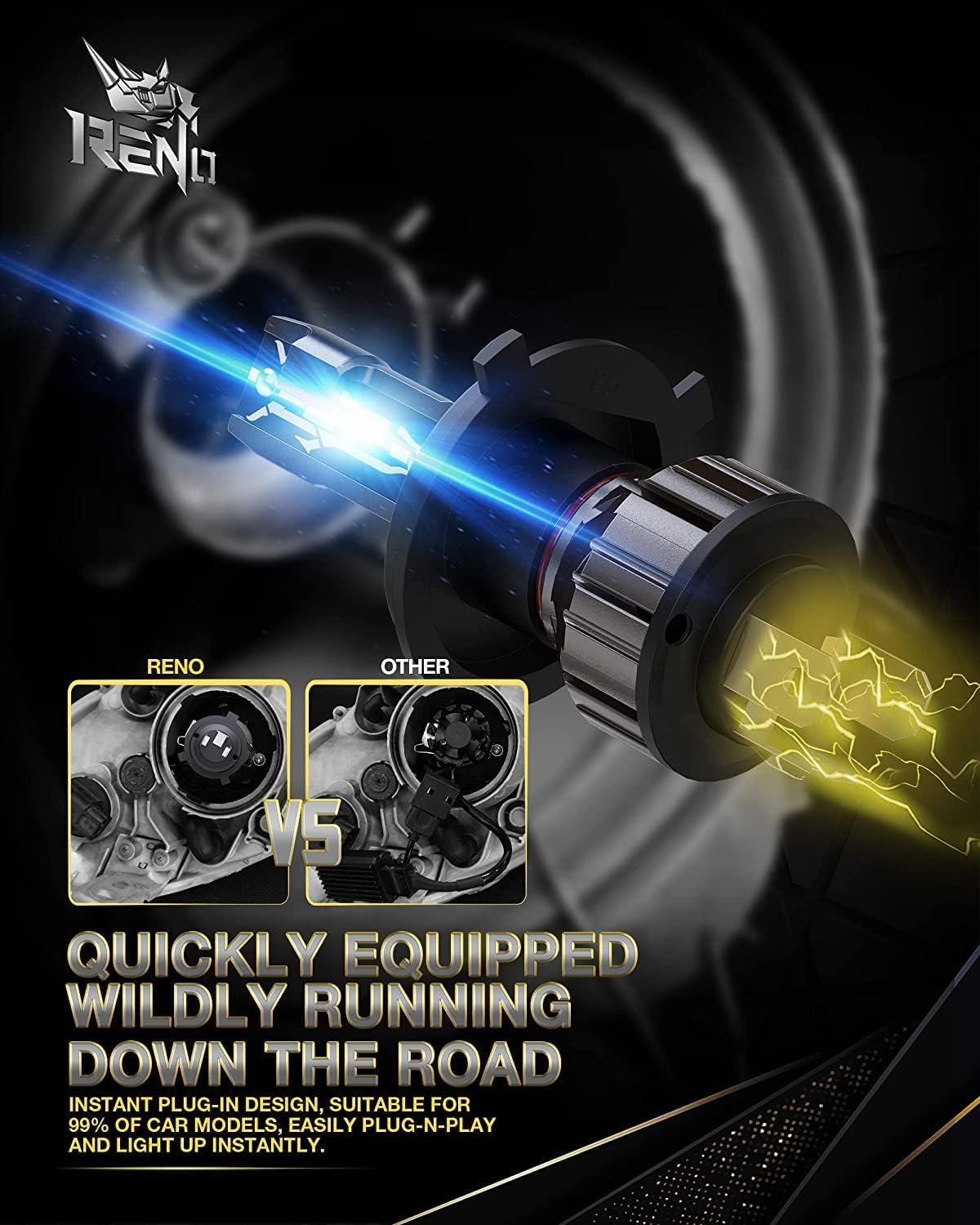 RENO H4 bulb aviation aluminum shell dissipates heat for stable performance.
