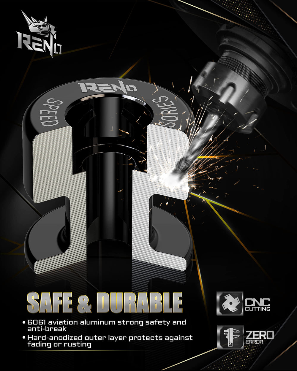 Reno SP1-M8 swingarm spool top view shows precise CNC-cut fit.
